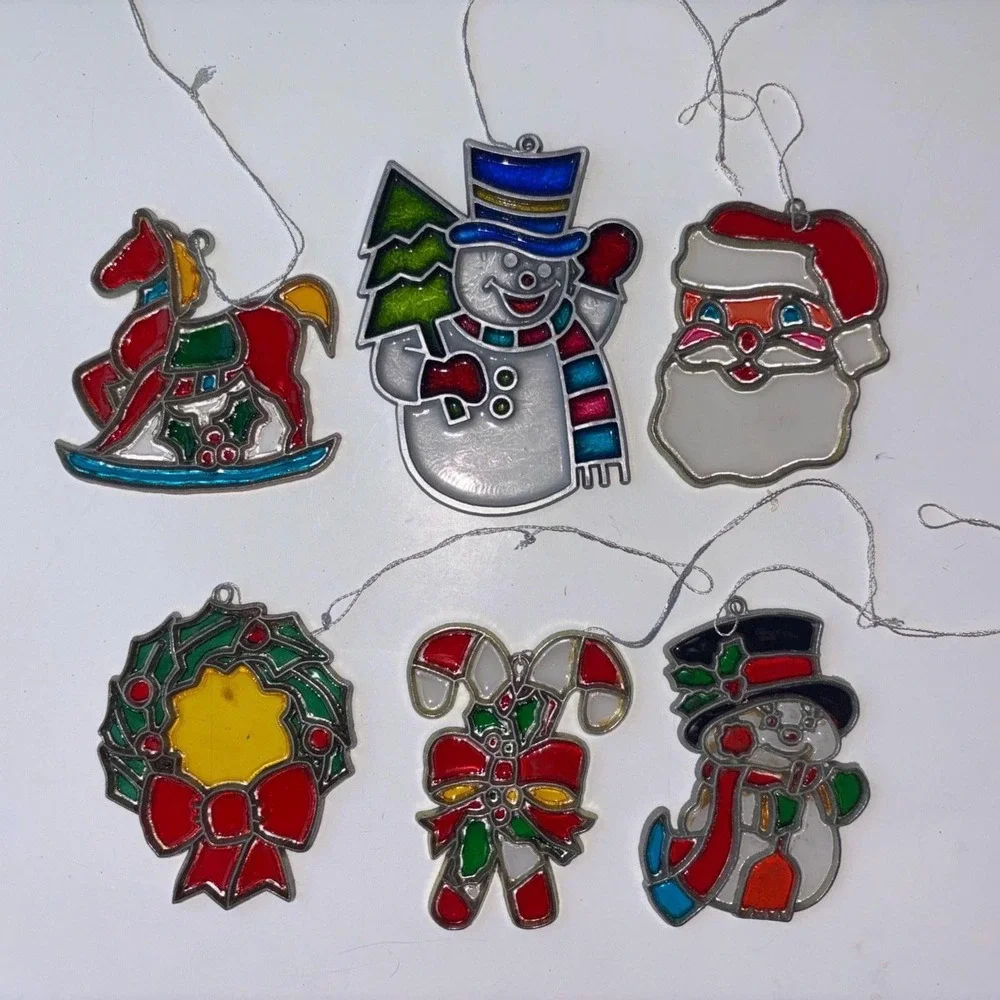 Vtg Christmas Metal Stained Glass Suncatcher Lot 6 Santa Snowman Rocking Horse